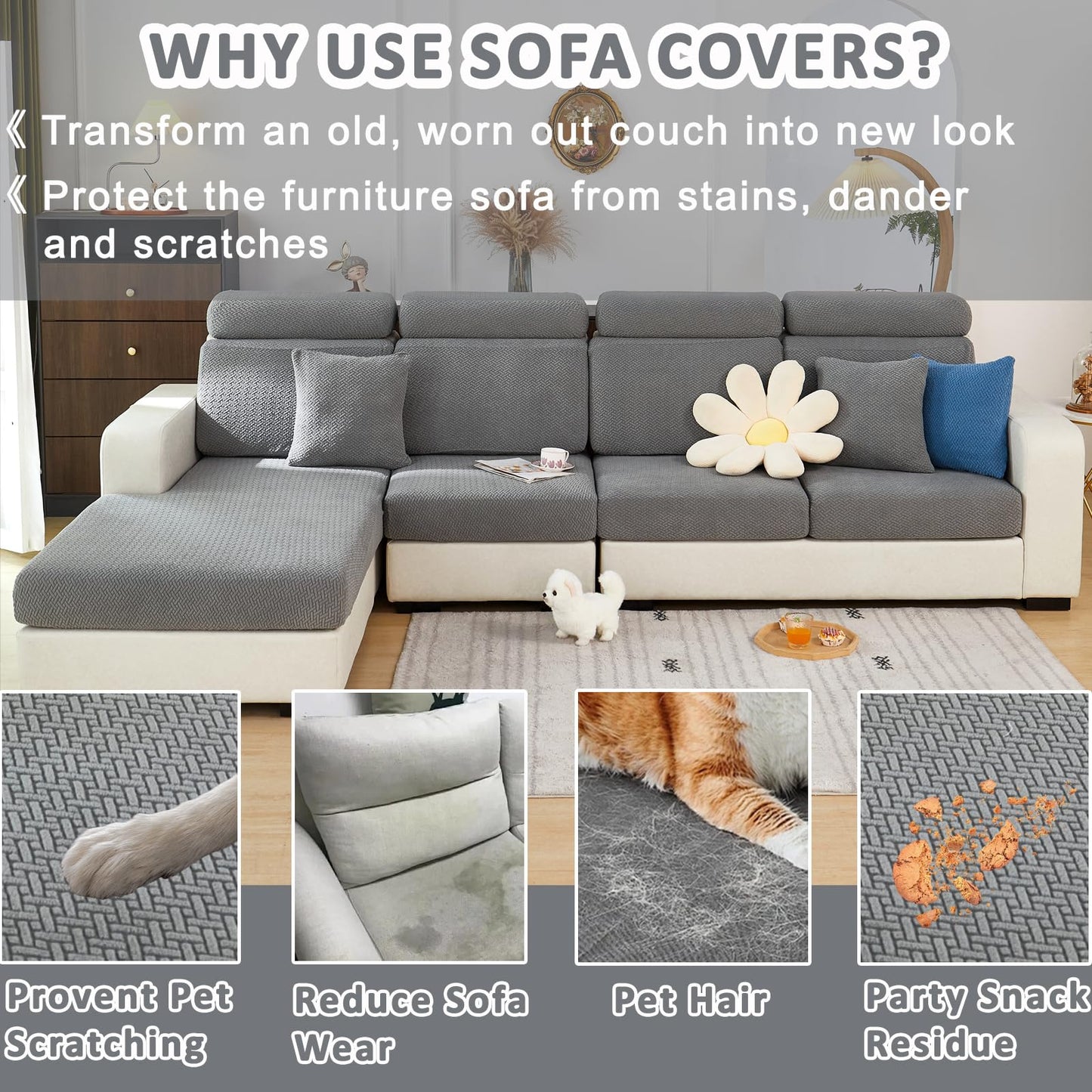 Stlemiko Couch Covers for Sectional Sofa Covers Washable Stretch Pet Couch Cushion Covers L Shape Dog Couch Cover Wear Resistant Anti Slip Sofa Slipcovers (Light Gray,3 Seater)