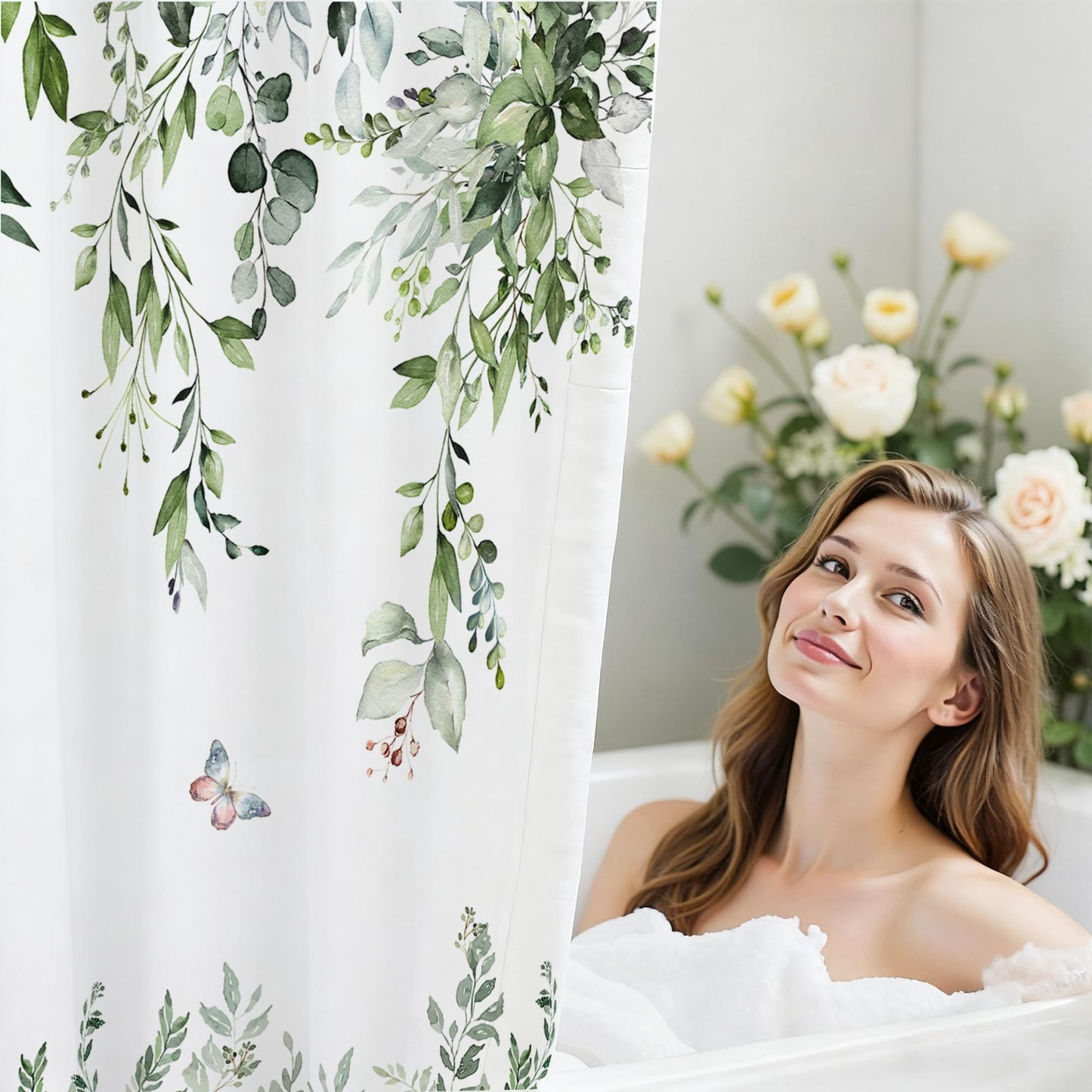 CedarShin 16 Pcs Sage Green Eucalyptus Shower Curtain Set with Rugs, Botanical Leaf Bath Curtains and Quick Absorbent Foam Mats, 120GSM Heavy-Weight Fabric Curtain with 12 Metal Hooks, 72x72 Inch