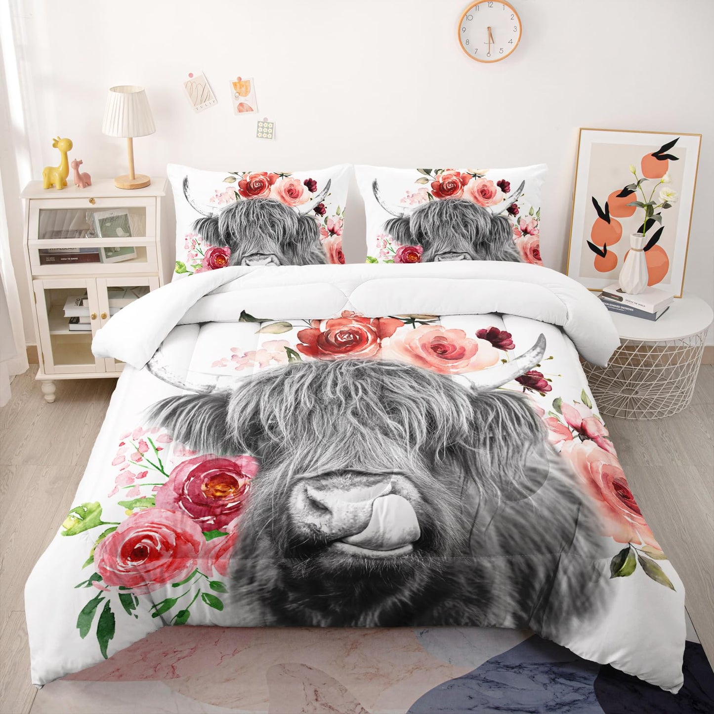 Nttopship Highland Cow Comforter Set - Twin Size, Kids' Wildlife Farmhouse Flower Comforter with 2 Pillowcases