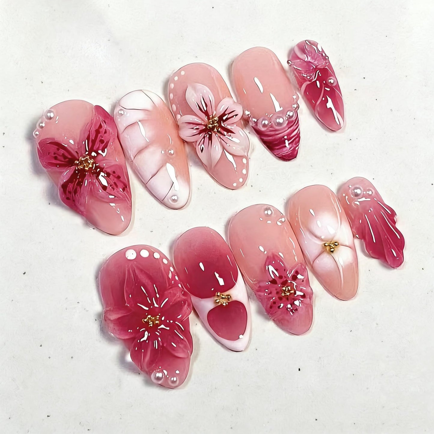 octoswave Press on Nails Medium Almond Fake Nails 3D Flowers Artificial Nail with Pearl Charm Stick on Nail for Women 30pcs