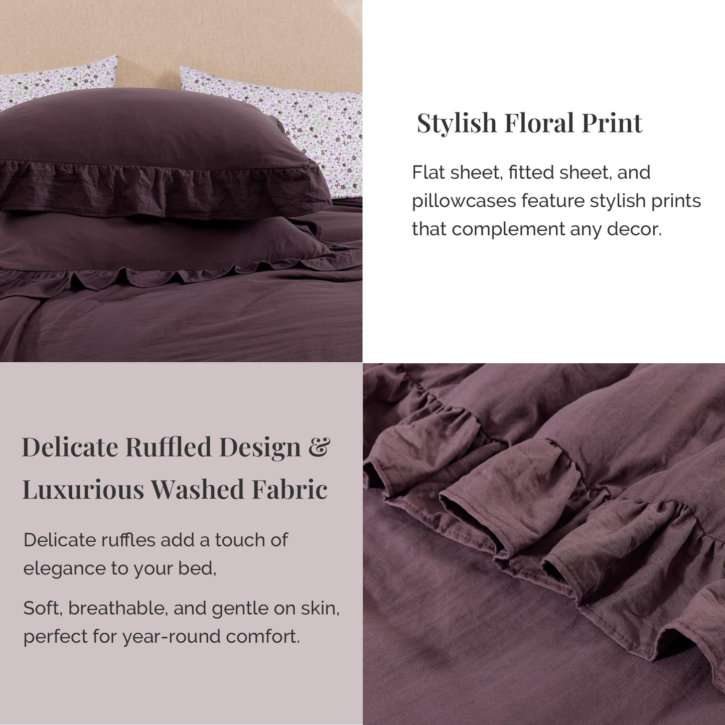 BLOOMHAVEN Queen Comforter Set - 7 Pieces Ruffle Purple Bedding Sets, Shabby Chic Farmhouse Bed in a Bag Queen with Ruffle Comforter, Floral Sheets, Pillowcases & Shams