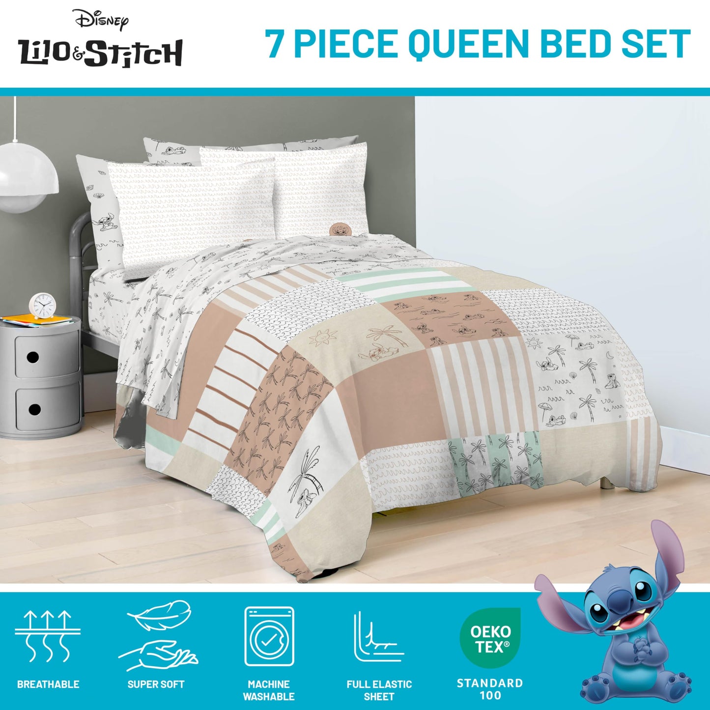 Jay Franco Kids Comforter Set Includes Sheets and Pillow Covers - Soft and Cozy Bed Set for Stylish Room Decor, Official Licensed Bedding, Multi - Lilo and Stitch, 7 Piece Queen