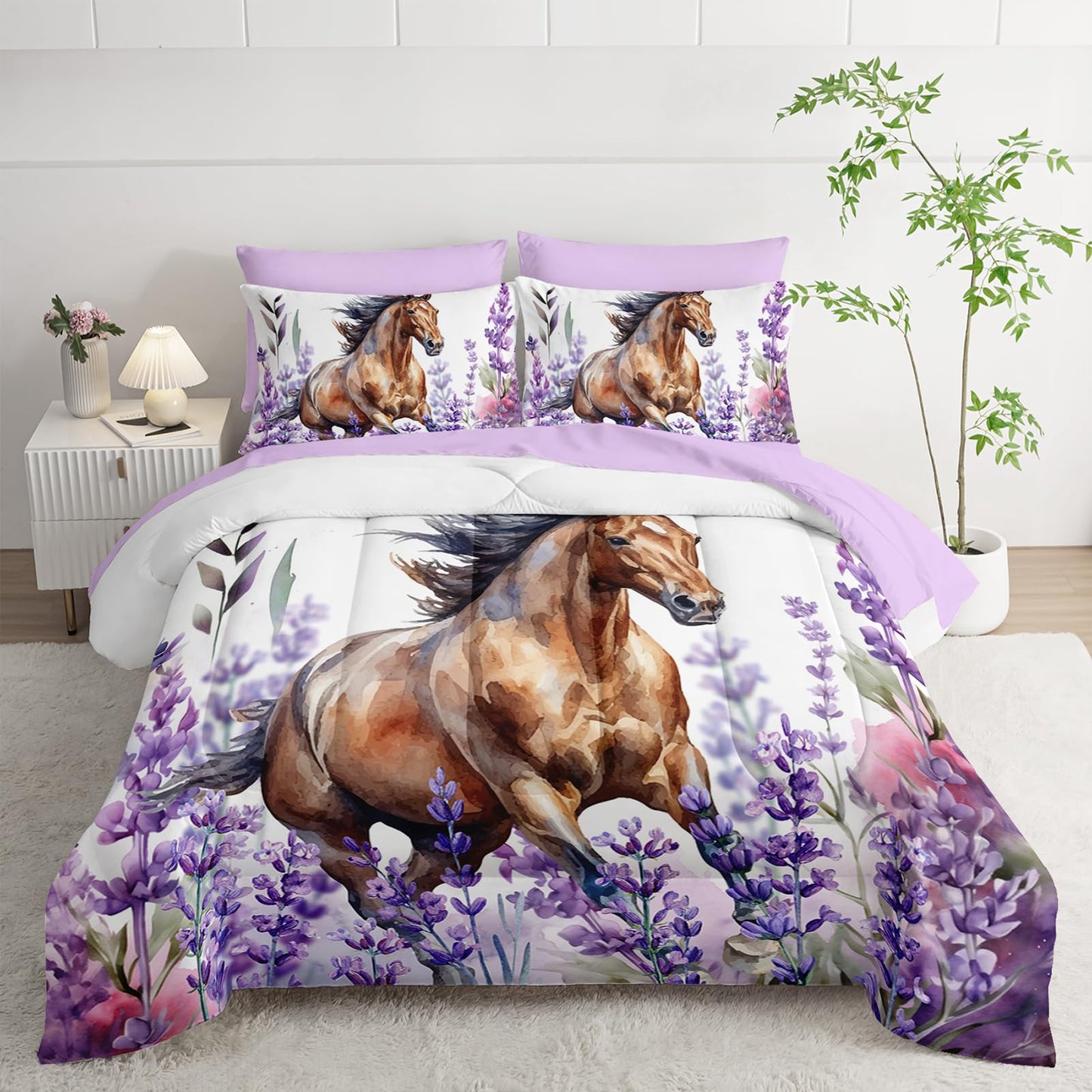 AILONEN Galloping Horse Comforter Set,Lavender Flowers Bedding Set Bed in a Bag Twin Size,Purple Theme Comforter & Fitted Sheet with Flat Sheet,2 Pillowcases,2 Pillow Shams,7-Piece,Soft Microfiber