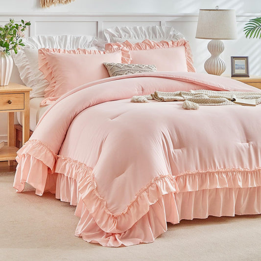 Pink Ruffle Comforter Set Full/Queen Size, 3 Pieces Vintage Farmhouse Shabby Chic Comforters, Solid Color Lightweight Soft Fluffy Bedding Sets for All Season (1 Ruffled Comforter + 2 Pillow Shams)