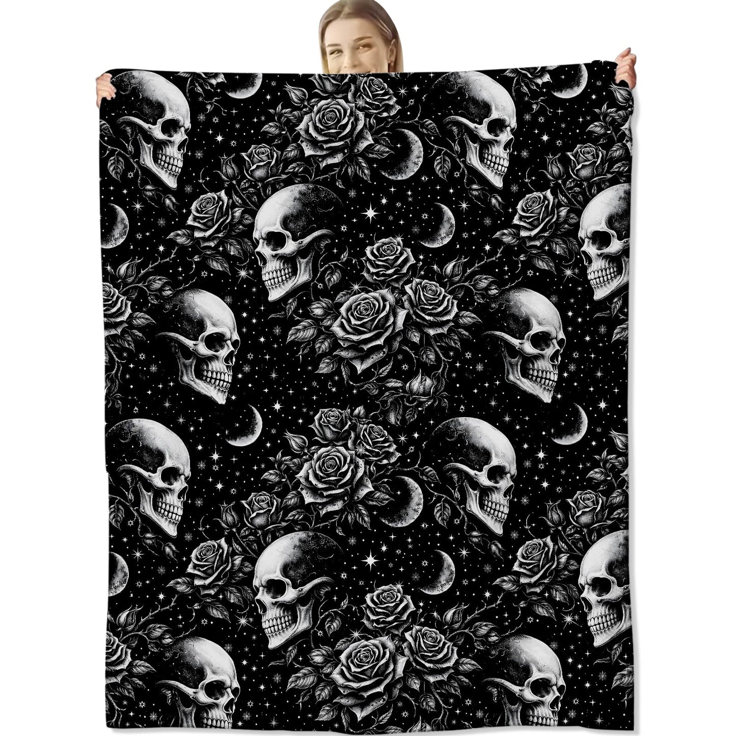 cromcu Skull Throw Blanket Warm Lightweight, Moon Rose Gothic Flannel Blankets Gifts for Women Men Goth Lovers, Home Decor Throws for Couch Sofa Camping Office Travel, Black 60"X50"