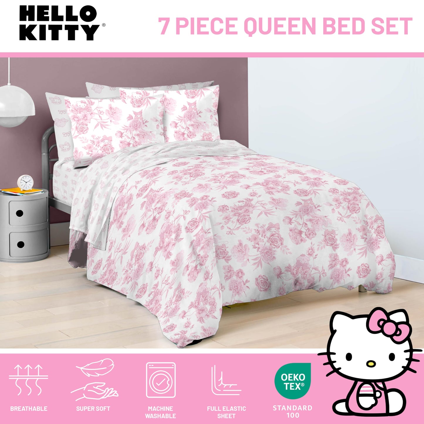 Jay Franco Comforter Set Includes Sheets and Pillow Covers - Soft and Cozy Bed Set for Stylish Room Decor, Official Licensed Bedding, Multi - Hello Kitty, 7 Piece Queen