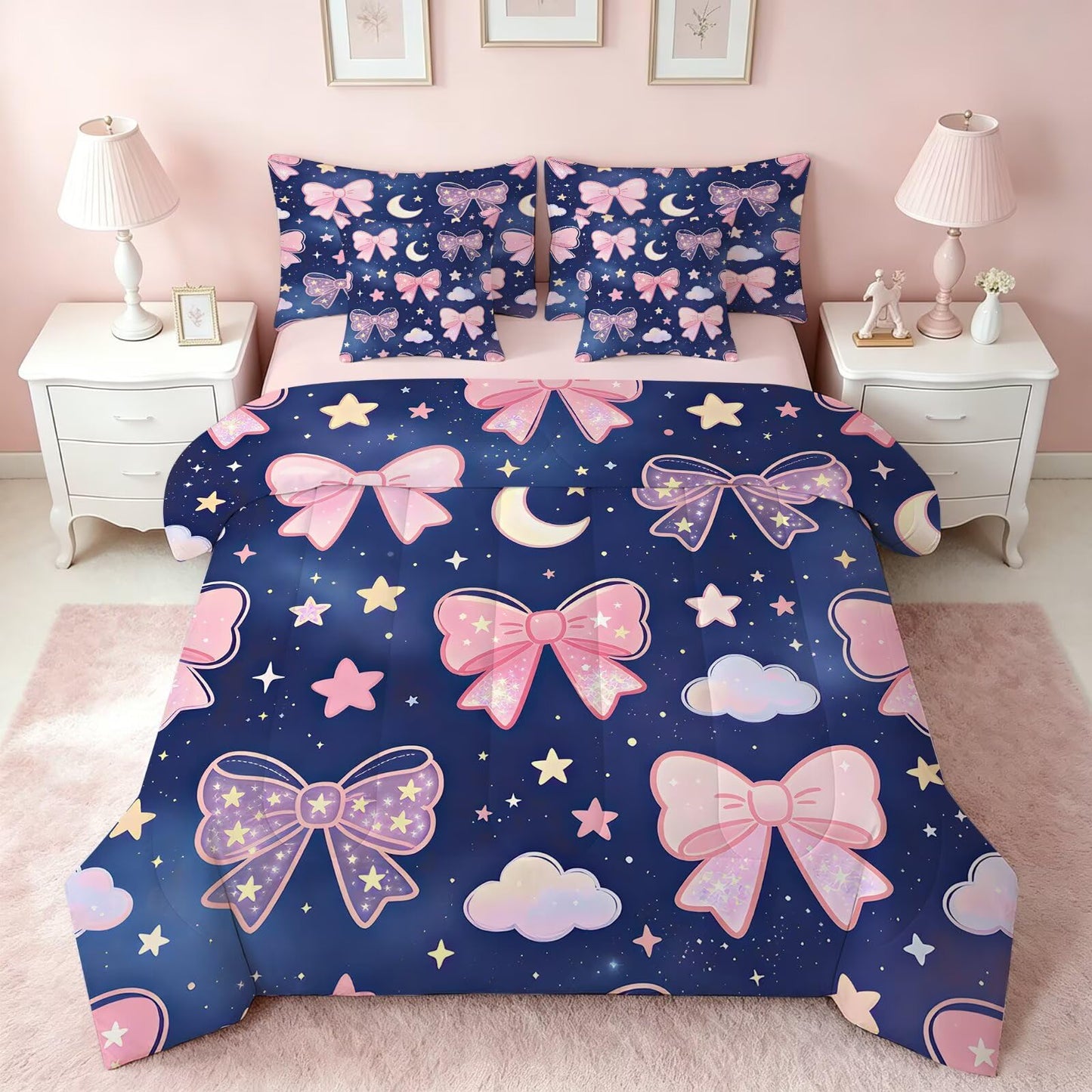 FUYEUN Pink Bow Dark Blue Night Sky 7 Piece Twin Comforter Set for Girls