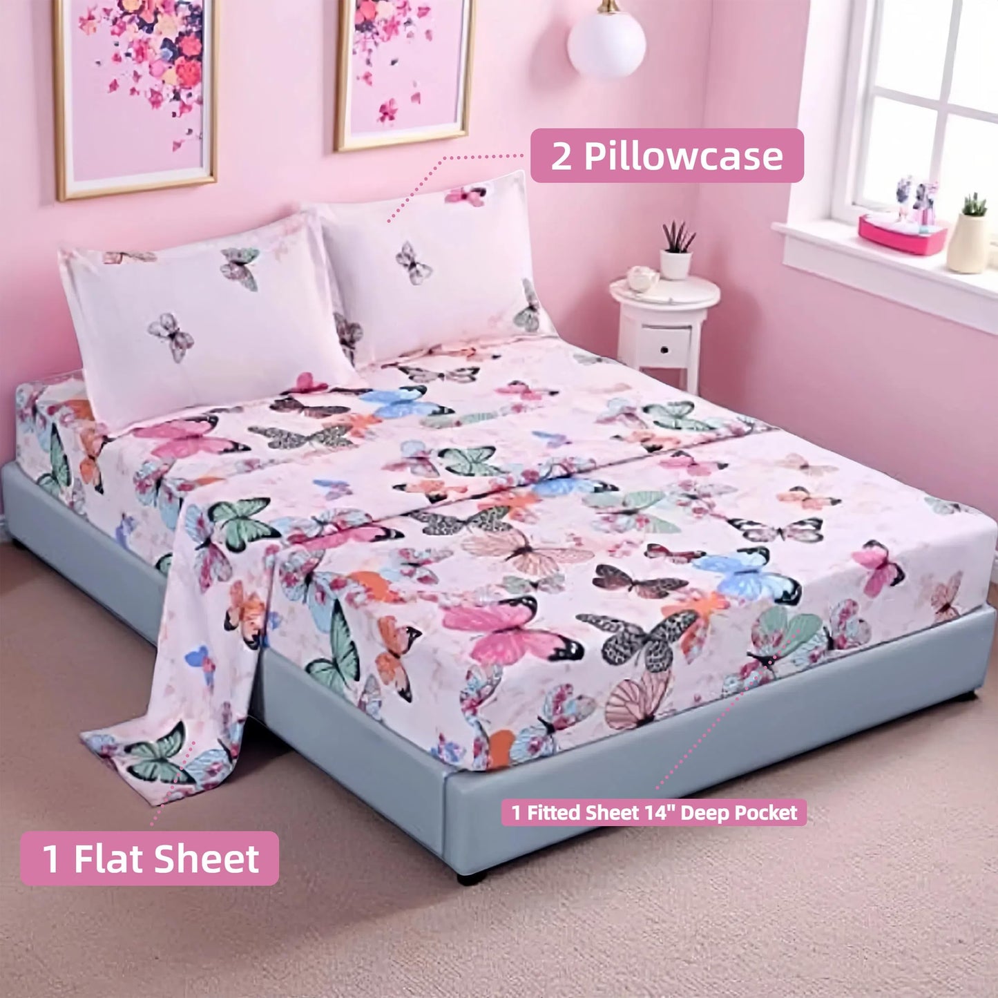 MAG 4Pcs Pink Microfiber Butterfly Queen Bed Sheet Set,Butterfly Bedding Set,1 Flat1 Fitted Sheet with 2 Pillowcase, 14” Deep.