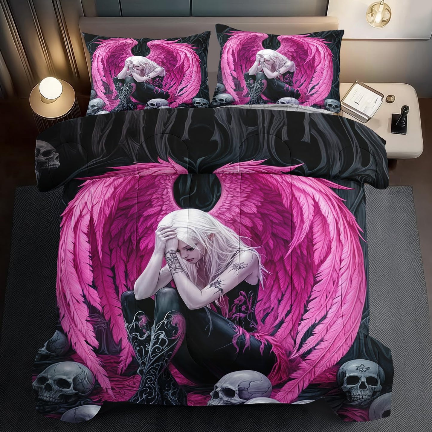 llyxsesty Gothic Skull Comforter Set Queen for Adults,Angel Wings Bedding Set Pink for Girls,Sexy Angel Comforter Bedroom Decor Teen,Gothic Skull Bedding Decor Pink Wings Quilt