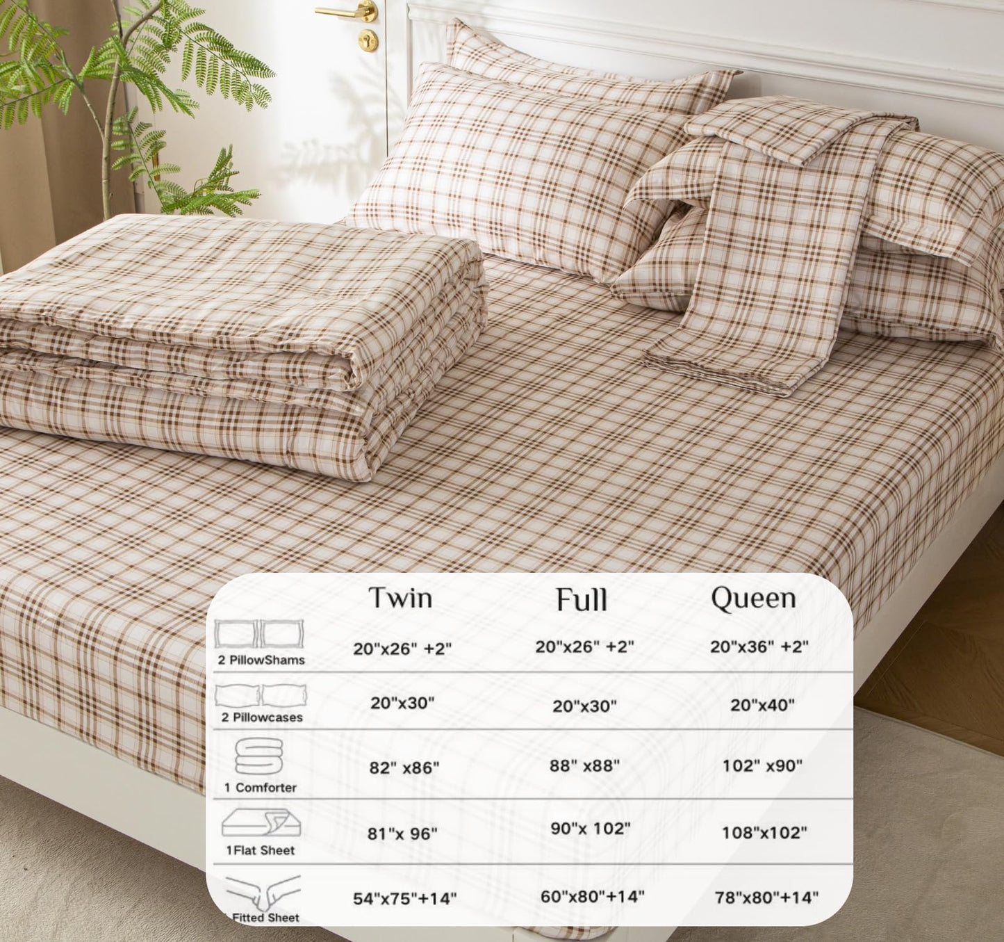 SDY Brown Plaid Twin Size Comforter Set, Luxury Soft Bed in a Bag Twin 7 Pieces, All Season Bedding Set with Comforters, Sheets, Pillowcase & Sham