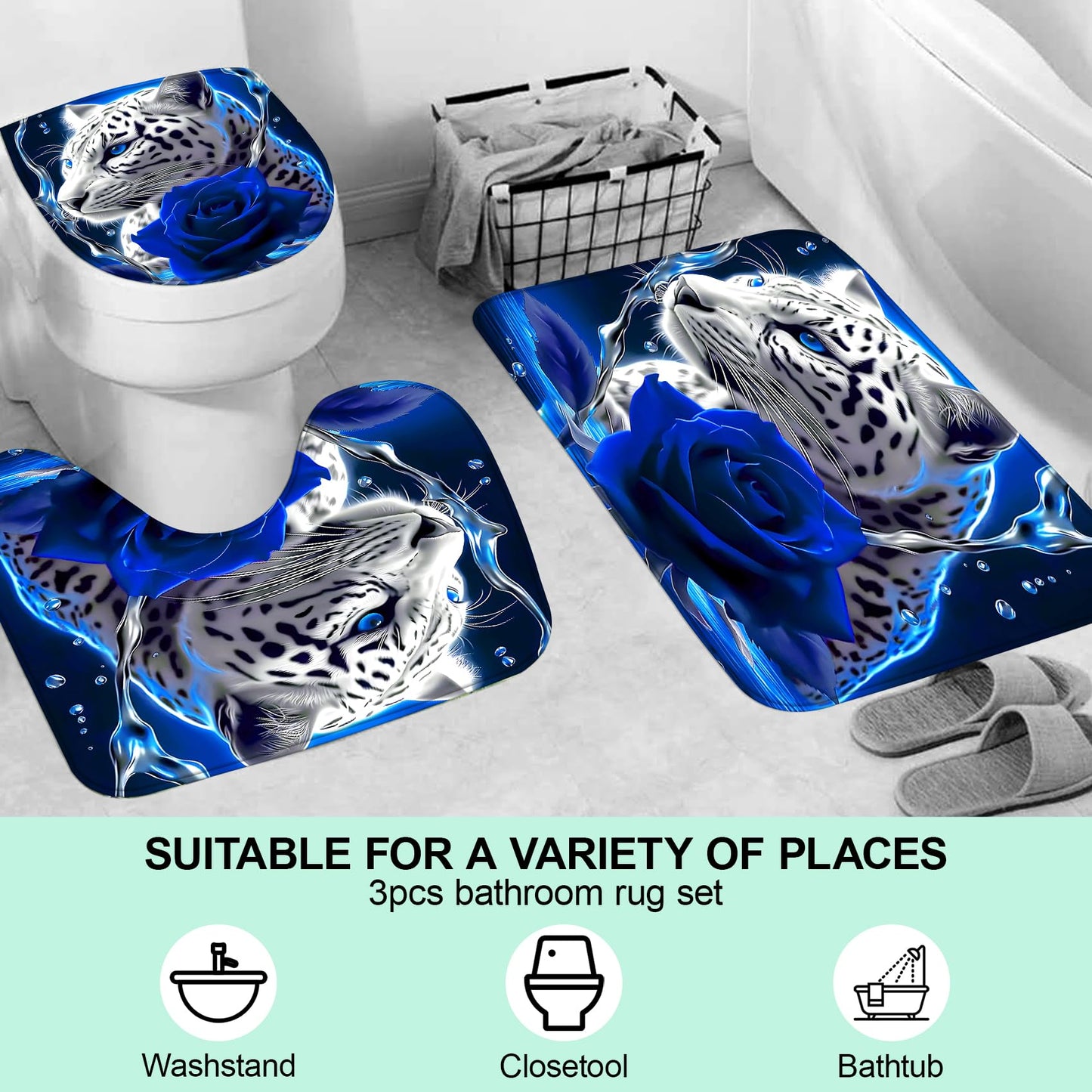 beifivcl 4PCS Blue Rose and Leopard Shower Curtain Bathroom Set with Non-Slip Rugs, Toilet Lid Cover and Bath Mat, Blue Bathroom Decor Set Accessories Shower Curtains with 12 Hooks, 72 x 72 Inch