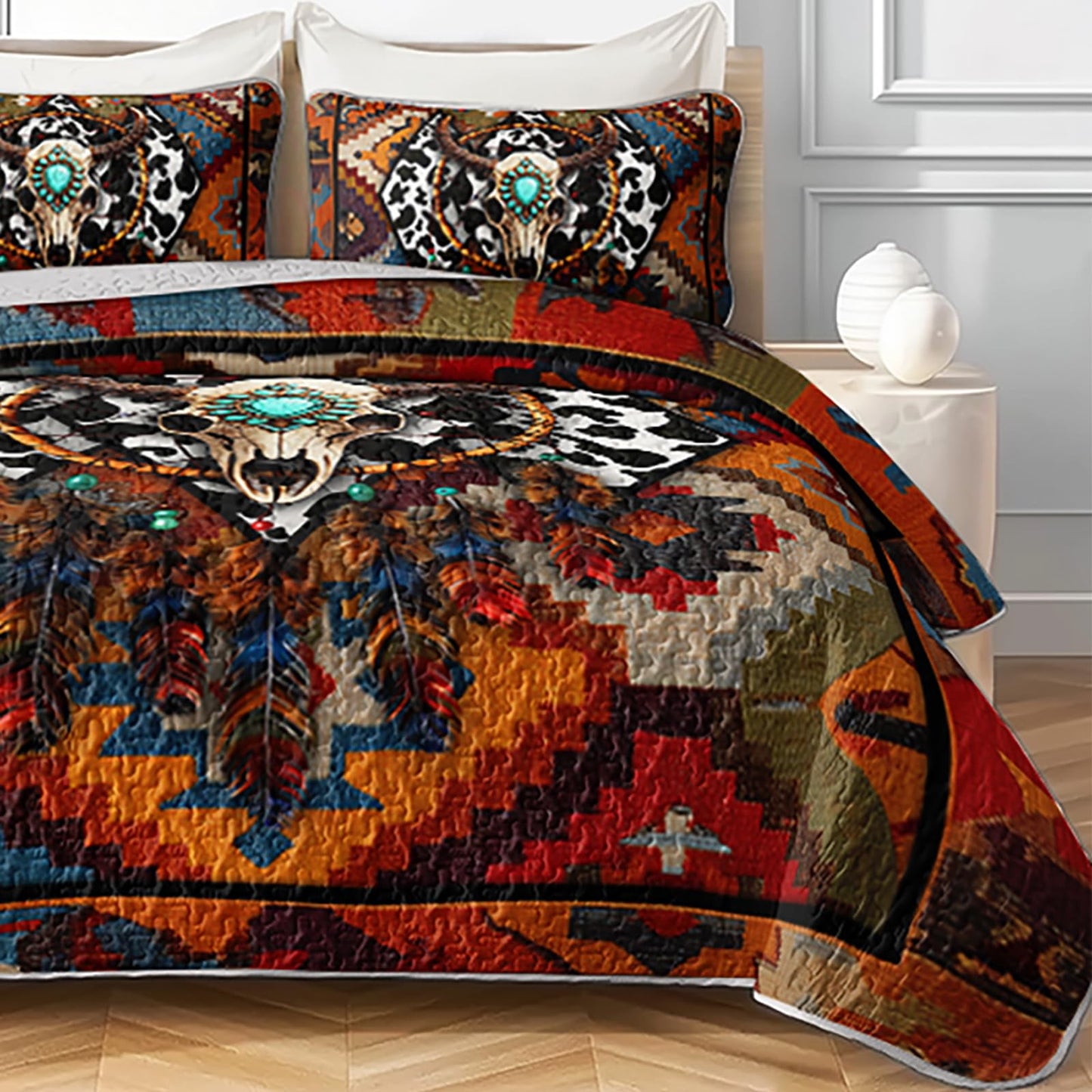 AILONEN Bull Skull Quilt Bedding Set King Size - Dreamcatcher Skull Boho Camo Bedspread Coverlet 3Pcs,Retro Ethnic Quilt,2 Pillowcases