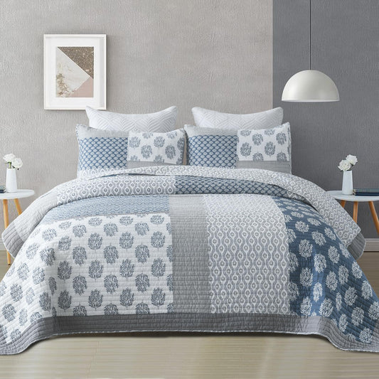 Finlonte King Size Quilt, 100% Cotton Comforter King Size, Blue Grey Farmhouse Quilted Bedspread, Patchwork Lightweight Reversible Quilt Bedding Set for King Bed, 3-Pieces