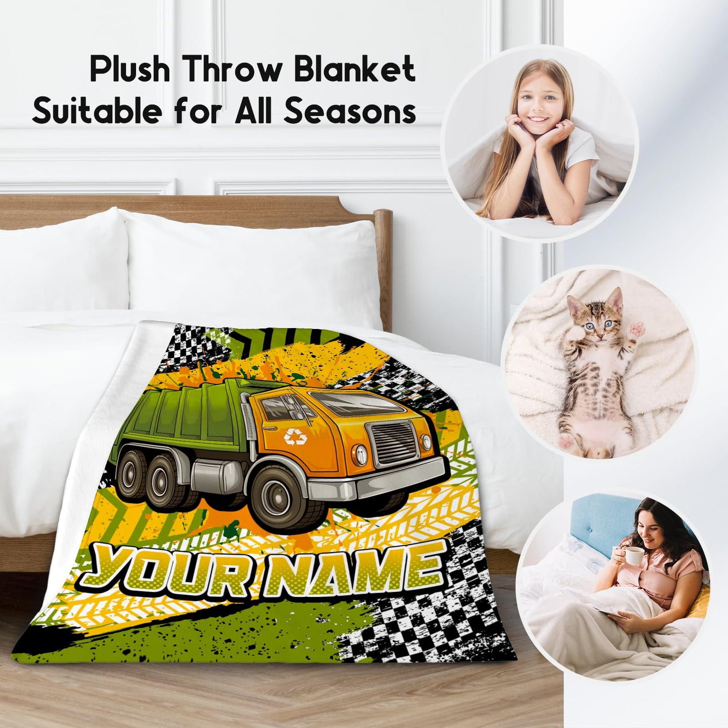AIOMXZZ Kids Throw Blanket, Custom Garbage Truck Blankets with Name, Cozy Fleece Throws Gifts for Boys Toddler, 4 Size