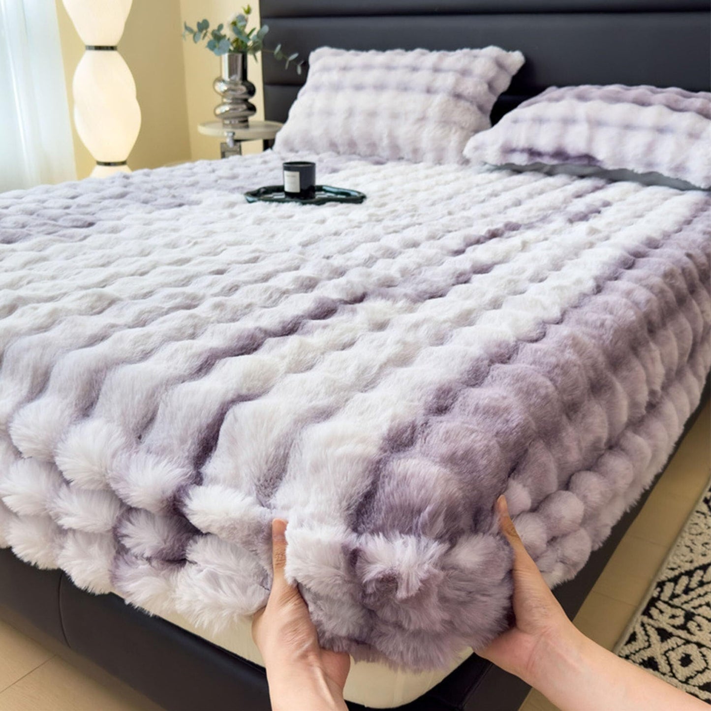 Elastic Bed Sheets, Milk Velvet Fitted Sheet, Winter Warm Mattress Cover, Faux Rabbit Fur Fitted Sheets, Fluffy Mattress Protector Bedspread, Machine Washable and Non-Fade(D,2 Pillowcases)