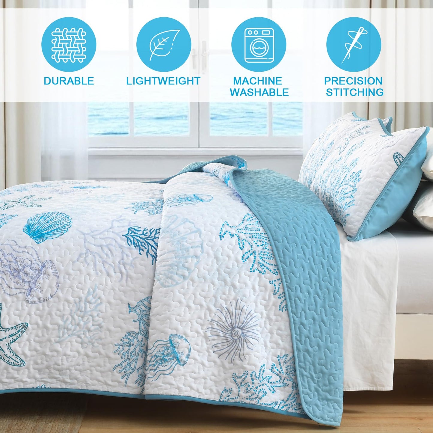 DJY Ocean Coastal Quilt Sets King Size,Reversible Microfiber Quilts with 2 Shams Soft Lightweight Beach Bedding Green Nautical Bedspread Coverlet Summer Comforter Set for All Season,110"x90"