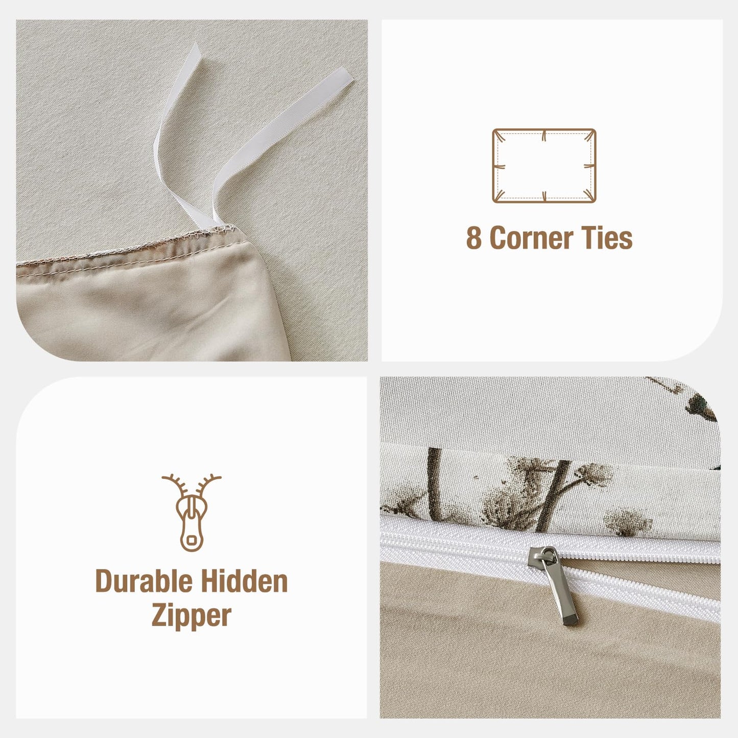 Lekesky King Size Duvet Cover Set, Lightweight Soft Microfiber Comforter Cover，Reversible Duvet Cover King with Branch Pattern, 3 Pieces Khaki Bedding Set with Zipper and 2 Pillowcases