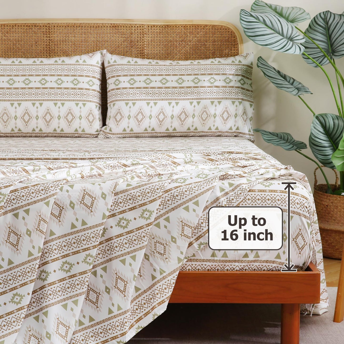 CozySmile 4 Pieces Queen Sheet Set Bohemian, Boho Sheets Soft Microfiber Deep Pocket, Western Sheets Geometric(Queen, Cream Olive Geometric)