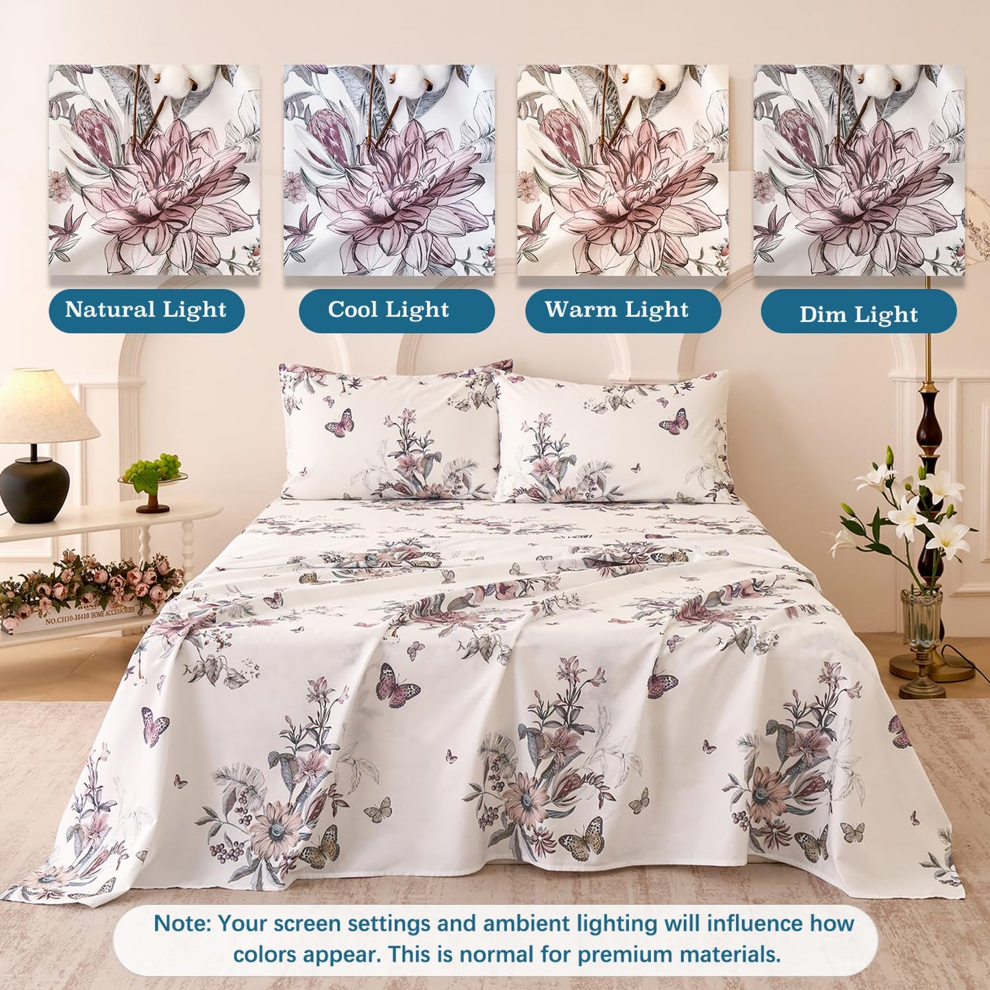 Huborise Queen Size Sheet Set Dusty Rose Floral Bed Sheets 100% Cotton 4Pcs, Light Pink Flower & Butterfly Printed Bed Set with Deep Pocket 17.5", Soft Breathable & Crisp, Luxury French Country Style