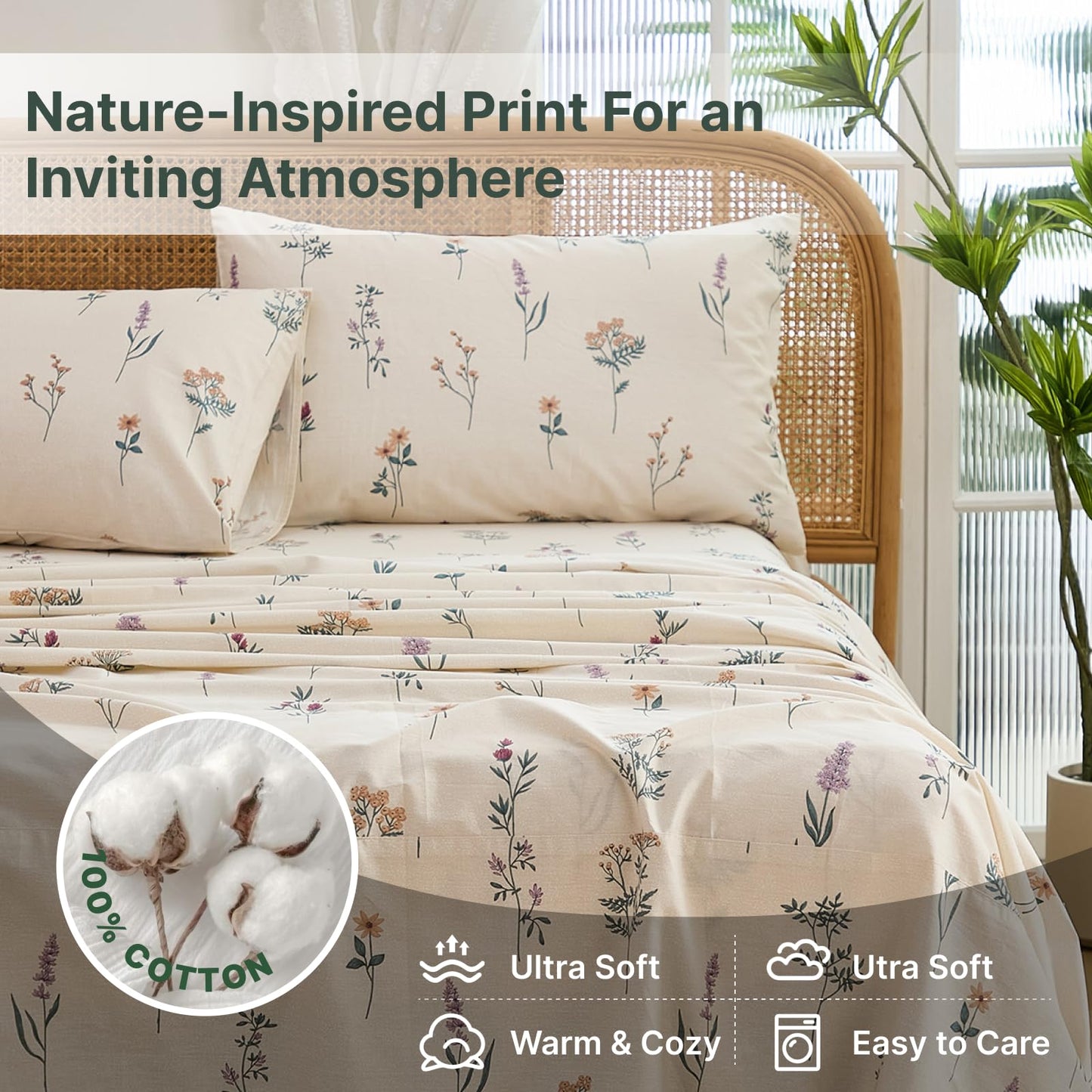 Cozaline Cream Floral Sheets Set King Size 100% Cotton, 4 Pieces, Soft & Breathable Percale Weave Bedding, Deep Pocket 17.5", Crisp Cool Feeling, Durable, Perfect Cute Floral Bed Sheet