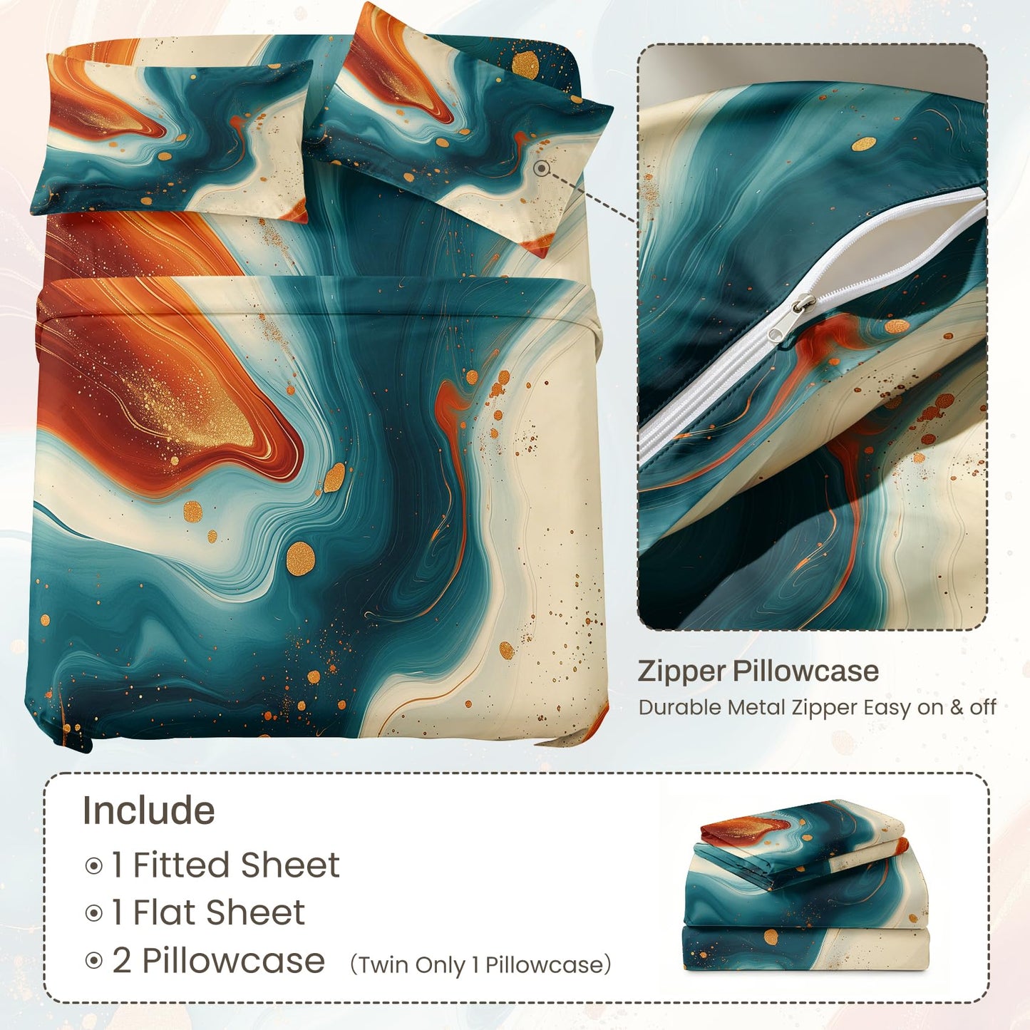 Modern Abstract Bedding Set 4 Pcs Marble Full Sheets, Orange Teal