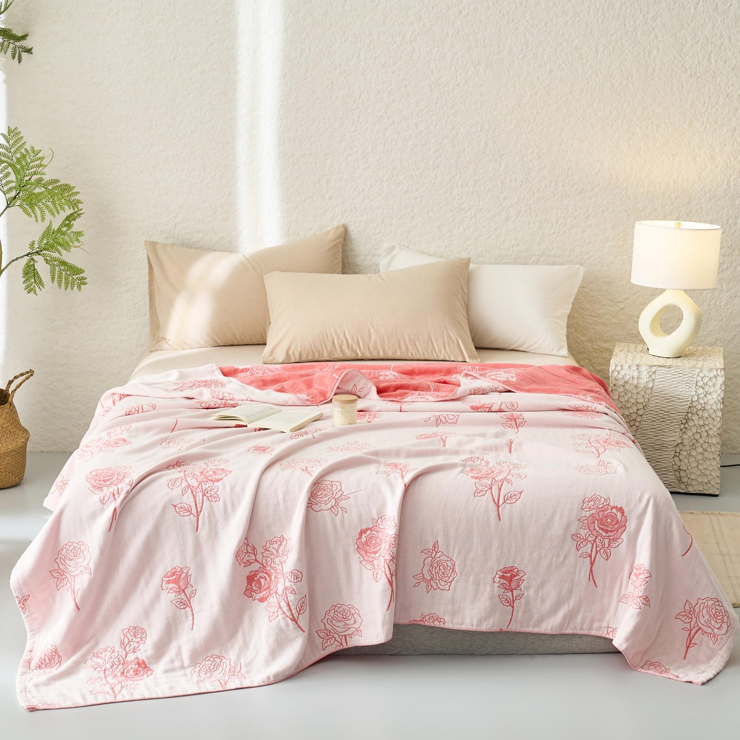 Scientific Sleep Rose Pink White Flower 100% Cotton Muslin Blanket Throw Cover for Bed Couch Sofa Cozy Soft Reversible Bedding Blanket Bedspread Coverlet Full Queen 80 in x 90 in