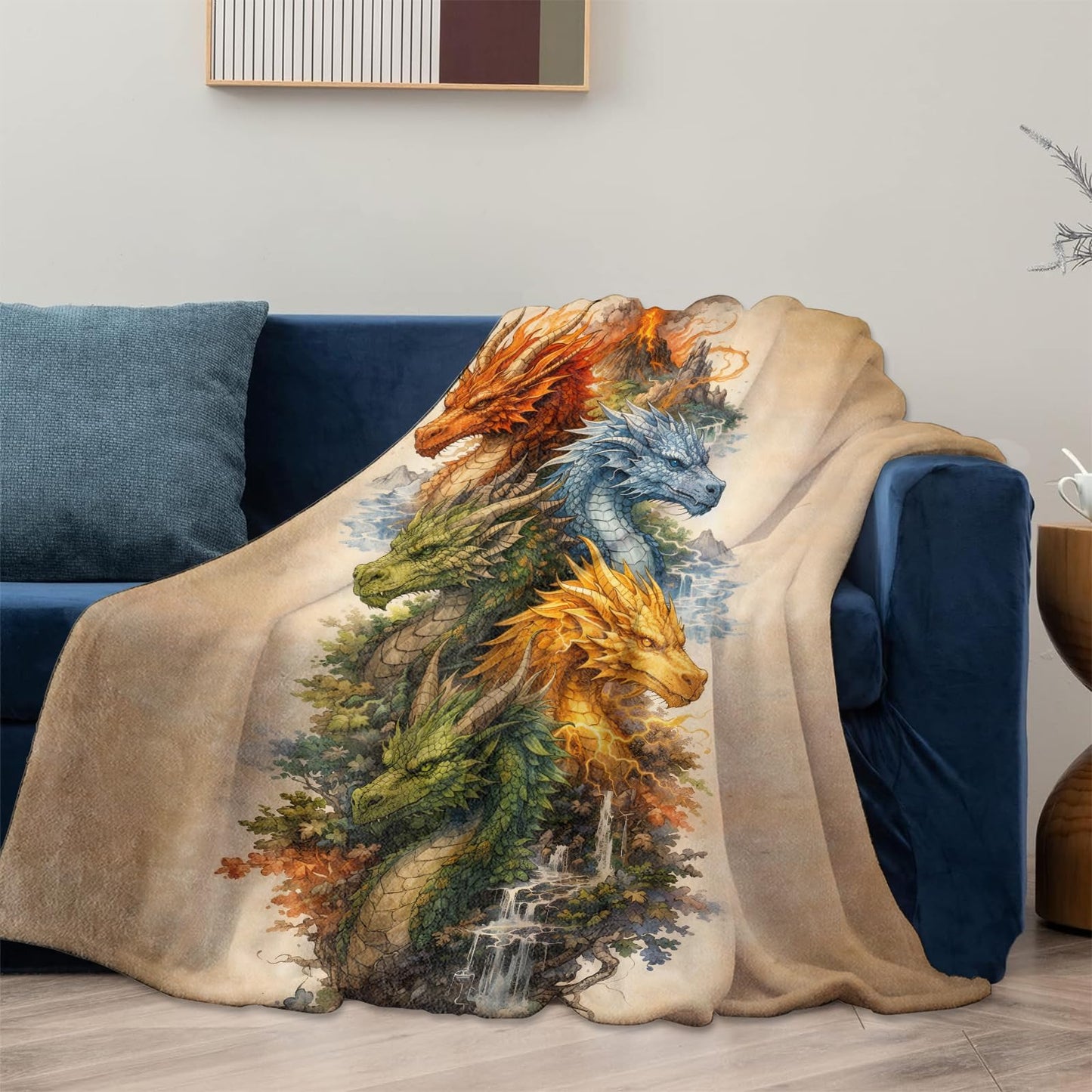 Elemental Dragons Throw Blanket Gifts for Kids Women, Soft Warm Fire Water Earth Lightning Fantasy Flannel Blankets for Living Room Sofa Home Bedroom Decor 50" x 60"