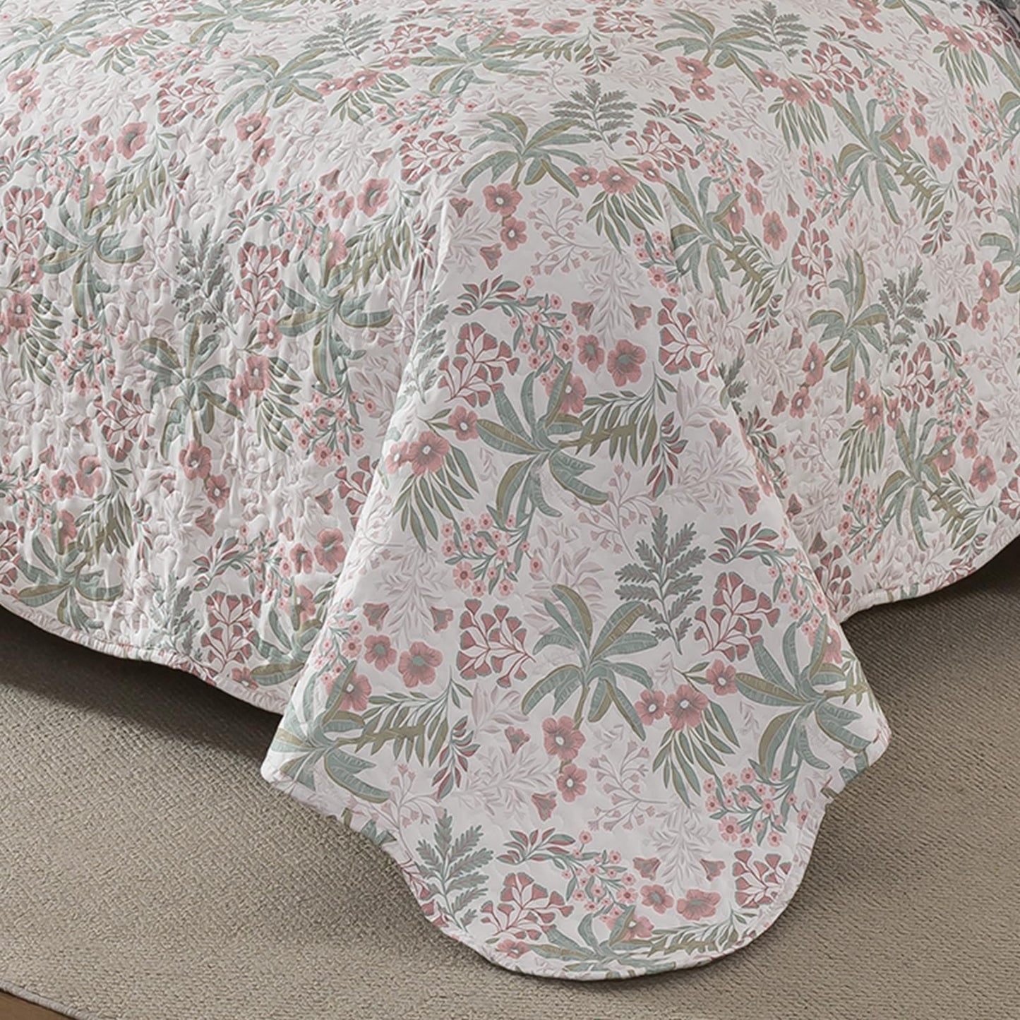 Etwel Lightweight Queen Size Quilt Set - Breathable Reversible Cotton Bedspread for Hot Sleepers, Farmhouse Floral Bedding Set with 2 Pillow Shams for All Season (90"x98", Green Botanical Floral)