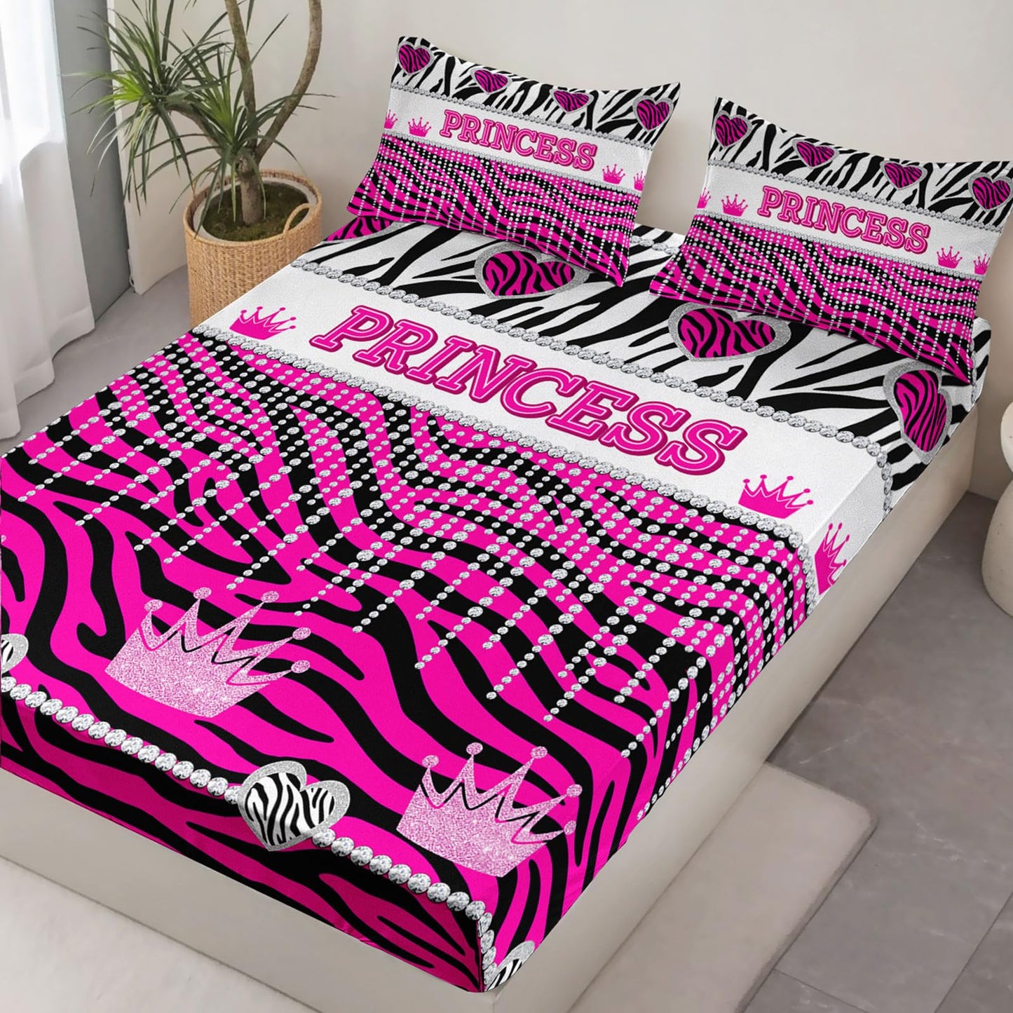 AILONEN Hot Pink Princess Fitted Sheet Twin XL Size with 2 Pillowcases,Zebra Stripes Bedding Set 3Pcs for Girls,Glitter Crown & Heart Bed Sheet Set for Home Decor