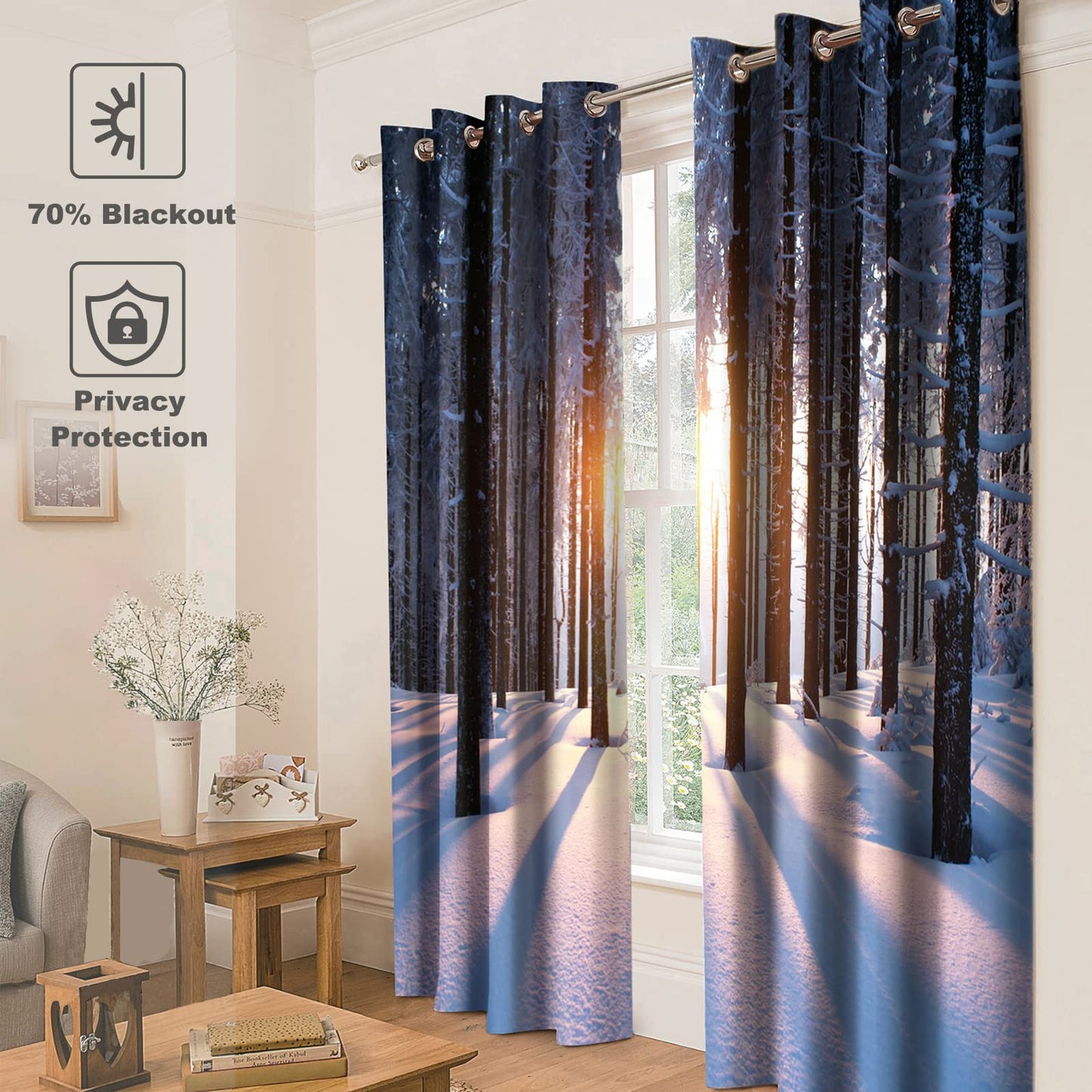 Jekeno Forest Woodland Blackout Curtains Winter Snowy Trees in The Cold Weather Sunset Landscape Nature Scenery Decor for Bedroom Living Room Grommet Window Drapes 2 Panel Set, 52"x84"
