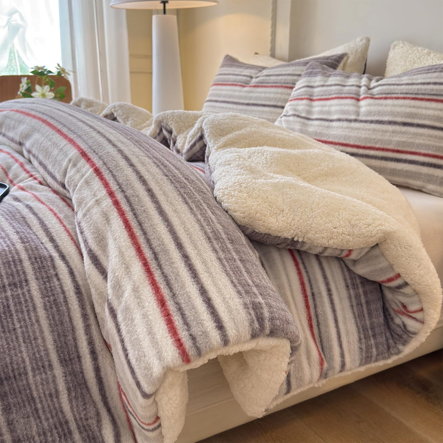 Cyusri Striped Sherpa Comforter Set 2Pcs Fluffy Warm Fleece Down Alternative, Grey Red Bedding Set with 1 Pillowcase, Twin Size 68"x90"