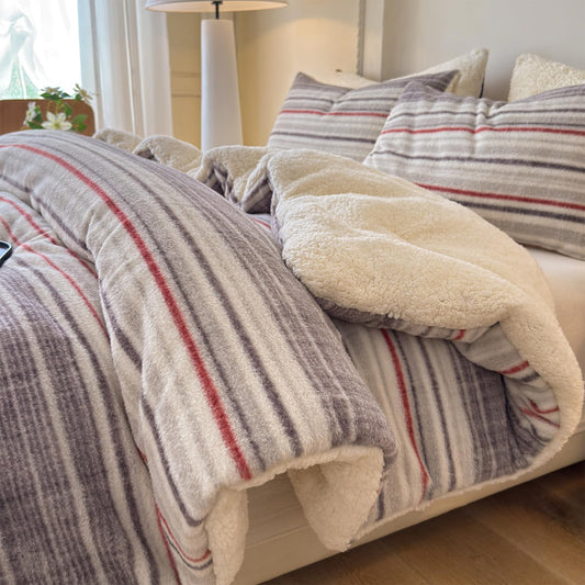 Cyusri Striped Sherpa Comforter Set 2Pcs Fluffy Warm Fleece Down Alternative, Grey Red Bedding Set with 1 Pillowcase, Twin Size 68"x90"