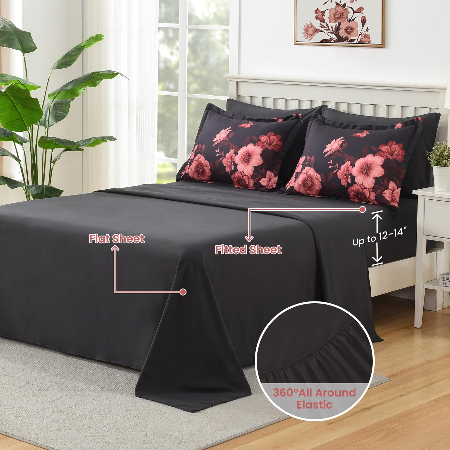 DHSFKBE Floral Comforter Set Queen Size, 7 Piece Black Bed in a Bag, Elegant Flower Pattern Comforter Set with Sheet, Soft Microfiber Complete Bedding Sets for All Season