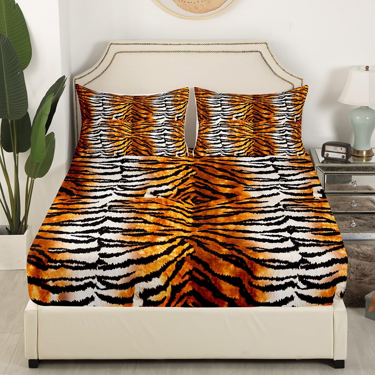 Tiger Fur Bed Sheets Full Brown Black Tiger Print Sheet Set for Kids Boys Girls Gorgeous Animal Skin Bedroom Decor Bedding Set Safari Animal Theme Fitted Sheet + Flat Sheet + 2 Pillowcases Ultra Soft