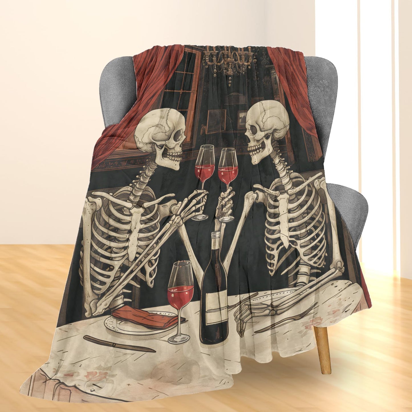Ti Caldi Romantic Skeleton Dinner Blanket | Soft Warm Fuzzy Lightweight Flannel Throw Blanket for Couch, Bed, Halloween Decor, Travel & Outdoor Use, Cozy Blankets for Adults Women Men 60×50 in