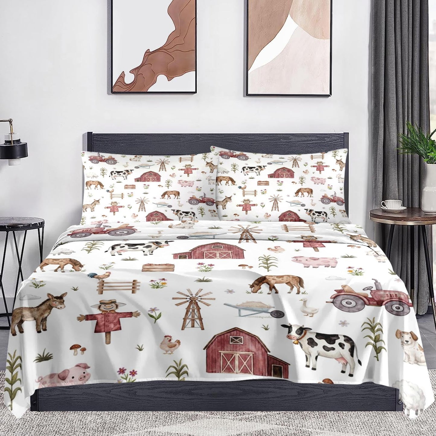 WeCozy Queen Size 4 Pcs Bed Fitted Sheet Set with 14" Deep Pocket, Animal Farm Tractor Flat Sheet Set for Kids and Adults, House Tree Pig Bedding with 2 Pillowcases for Bedroom Decor