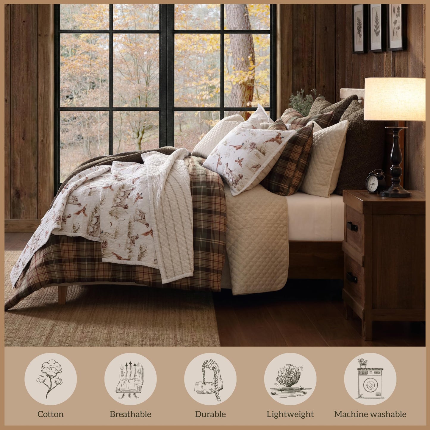 Paseo Road Hunt Life Cotton Quilt Set, 3 Piece King Bedding Set with Pillow Shams, White Brown Pheasant Hunting Dog Reversible Quilt Set, Soft Breathable Cozy Lightweight Quilt, Rustic Cabin Bedding
