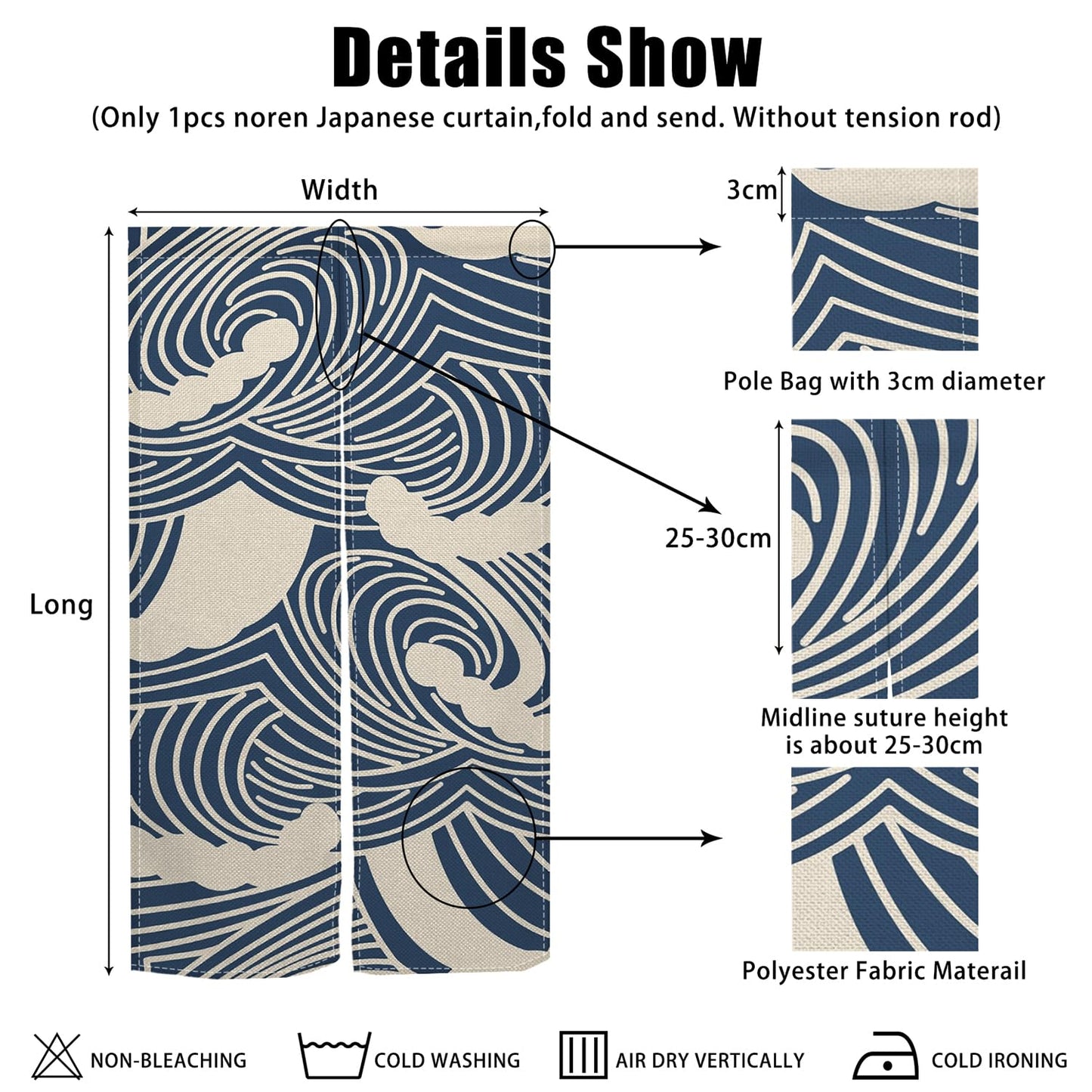 XMJJKUF Japanese Noren Doorway Curtain Traditional Japanese Wave Curtains for Livingroom Windows Doorway Tapestry Polyester Panel for Room Divider Kitchen Home Decorations,33.5"x 70.9"