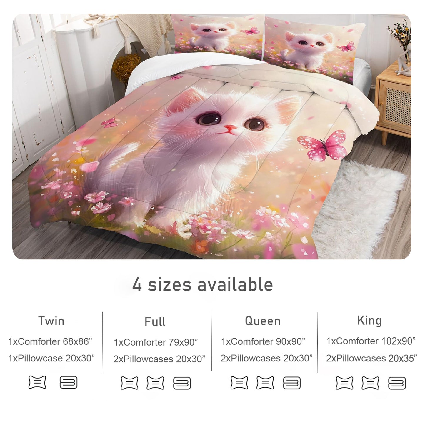 EDGZKO Pink Cat Comforter Set: Full Size Cute Kitten Floral Bedding Sets Kawaii Cartoon Cat Butterfly Flower Quilt for Kids Girls Teens Women Soft Bed Set 1 Comforter & 2 Pillowcases