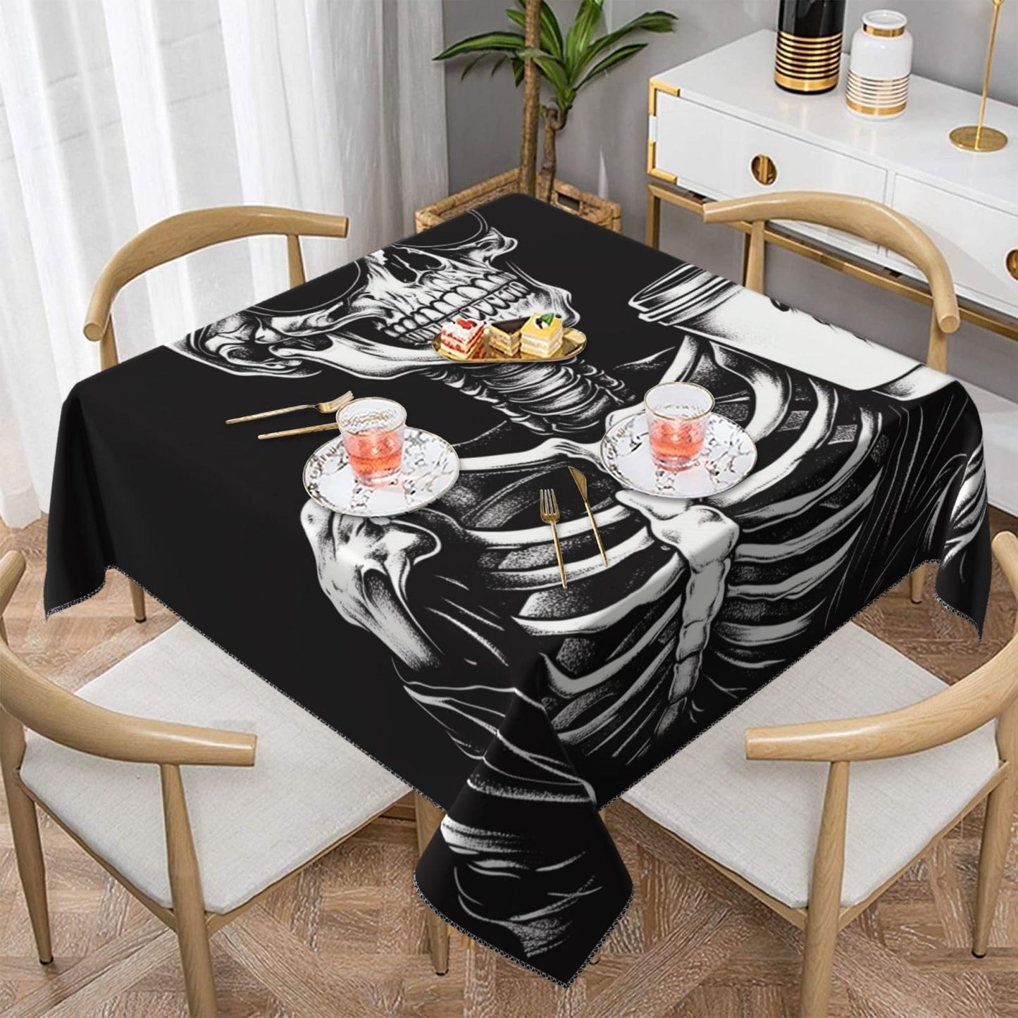 Entemne Square Table Cloth 55x55 Inch Funny Skeleton Coffee Tablecloth Washable Soft Wrinkle Free Dust Proof Card Table Cover for Tea Party Picnic Kitchen Dining Decor