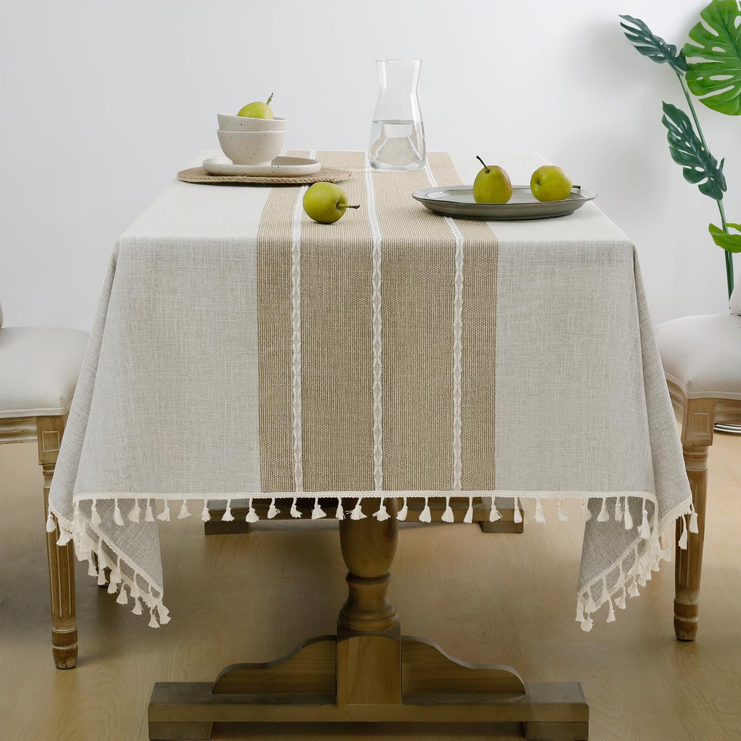 Softalker Outdoor Linen Tablecloth Square, Waterproof Cotton Boho Farmhouse Table Cloths with Tassel, Heavy Weight Wrinkle Free Table Cover for Picnic Camping Dining - 55 x 55 Inch, Coffee Lines