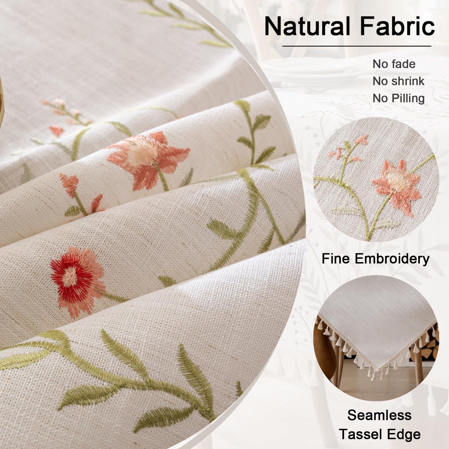Joyfol Day Linen Spring Flowers Tablecloth with Tassels, Rustic Farmhouse Embroidery Waterproof Table Cloths for Rectangle Tables, Heavy Weight Spill-Proof Table Covers, Pink Florals, 55''x 70''