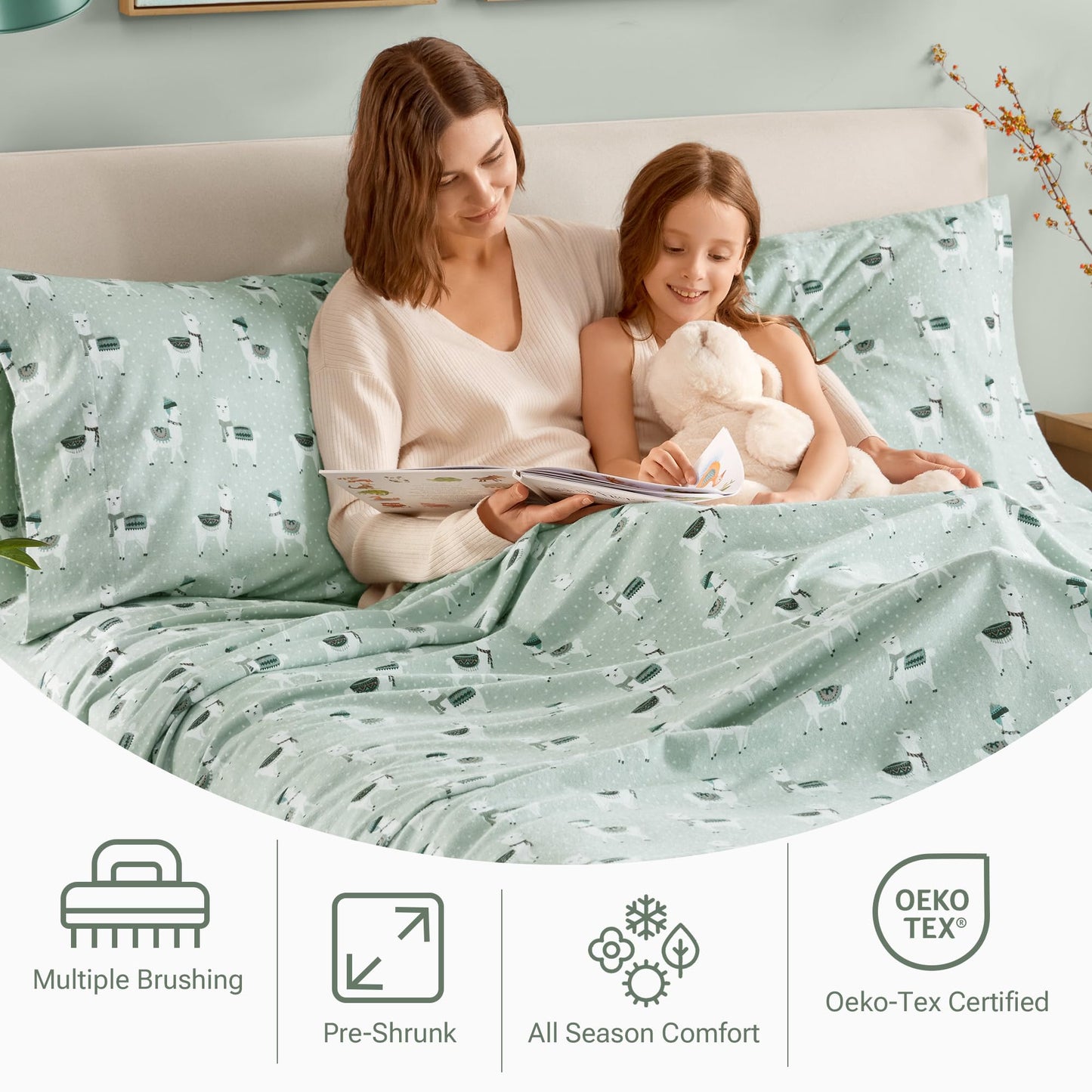 True North by Sleep Philosophy Flannel Sheets Queen Size, Cozy 100% Cotton Flannel Bed Sheets, Ultra Soft Cute Sheet Set, Novelty Print Themed Cold Weather Warm Bedding Set, Seafoam Llama 4 Piece