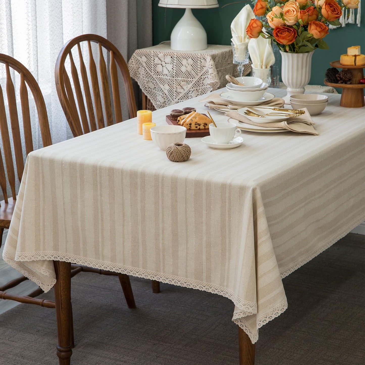 Linen Textured Rectangle/Oblong Tablecloth with Lace Trim Yarn-dyed Golden Purl StripeTable Cover for Buffet Banquet Parties Event Holiday Farmhouse Kitchen Dining Table Cloth Decor 52x70 In