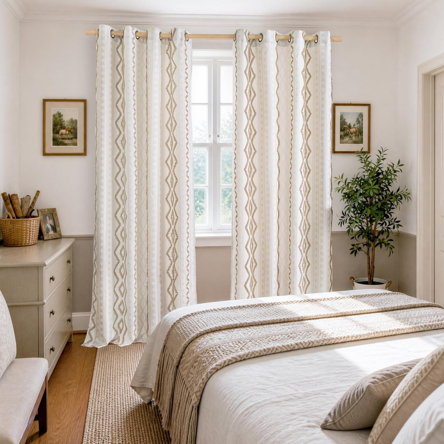 BGment Jacquard Boho Linen Curtains for Living Room 2 Panels, Botanical Tufted Pom Stripe Geometric Pattern Drapes for Farmhouse Bedroom Light Filtering, 52 X 84 Inch