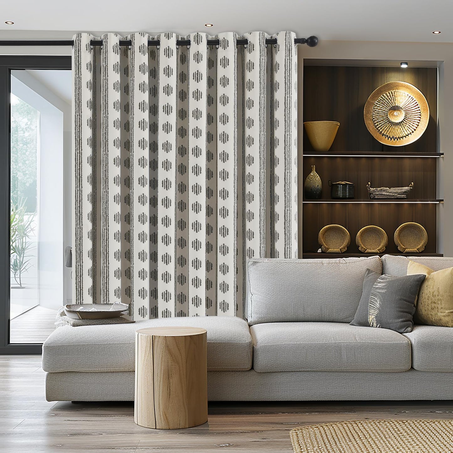 Melodieux Blackout Boho Curtain 84 Inch Long for Bedroom 1 Panel Extra Wide Cotton Curtains Black on Beige Striped Pattern Bedroom Curtains Grommet Room Darkening Thermal Insulated