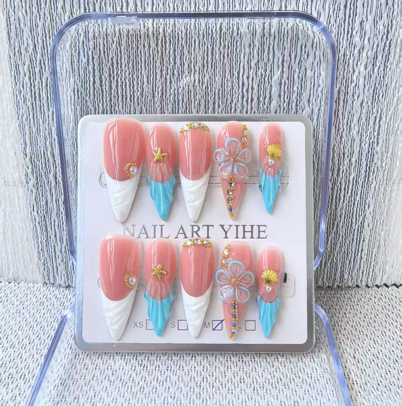 Handmade Press on Nails Long Stiletto False Nails Blue French Tip Fake Nails with 3D Flower Designs Sparkly luxury Beach Artificial Nails for Women 10pcs (Size M）