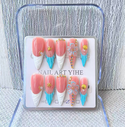 Handmade Press on Nails Long Stiletto False Nails Blue French Tip Fake Nails with 3D Flower Designs Sparkly luxury Beach Artificial Nails for Women 10pcs (Size M）