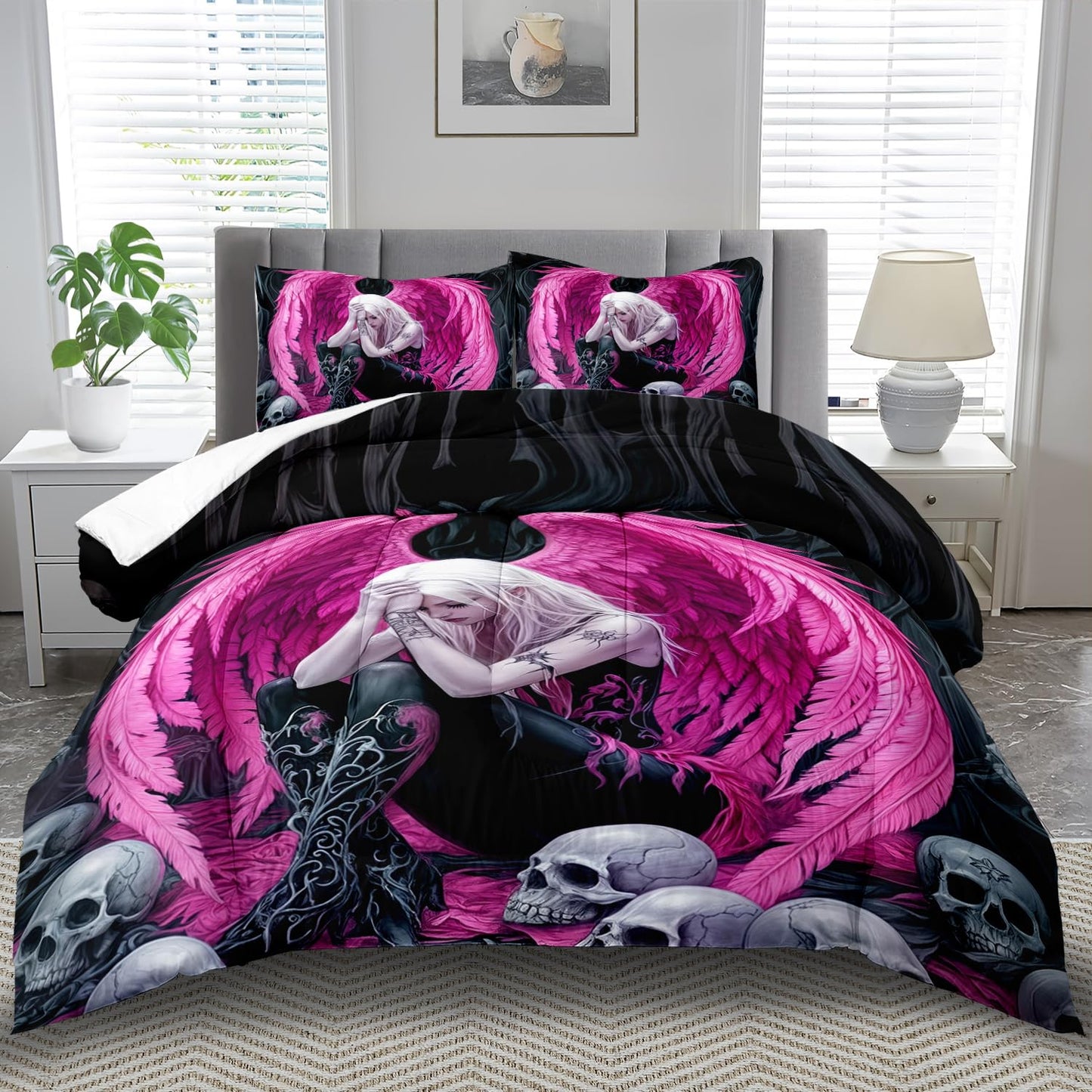 llyxsesty Gothic Skull Comforter Set Queen for Adults,Angel Wings Bedding Set Pink for Girls,Sexy Angel Comforter Bedroom Decor Teen,Gothic Skull Bedding Decor Pink Wings Quilt