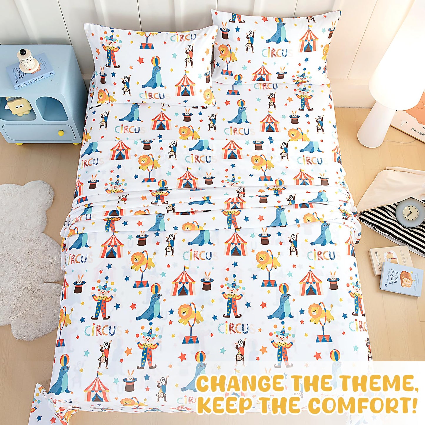 Swiftify Twin Sheets Set Kids for Boys & Girls Circus Clown, 3-Piece Bed Sheet Set for Toddler, Soft Brushed Microfiber Bedding, Deep Pocket, Wrinkle & Fade Resistant, Carnival Circus Clown